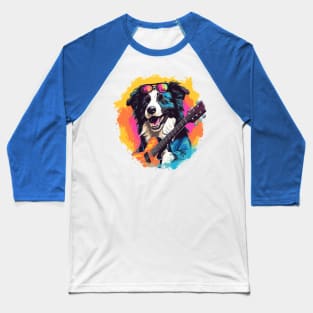 Strumming Collies: Border Collie Rockstar with a Guitar Baseball T-Shirt